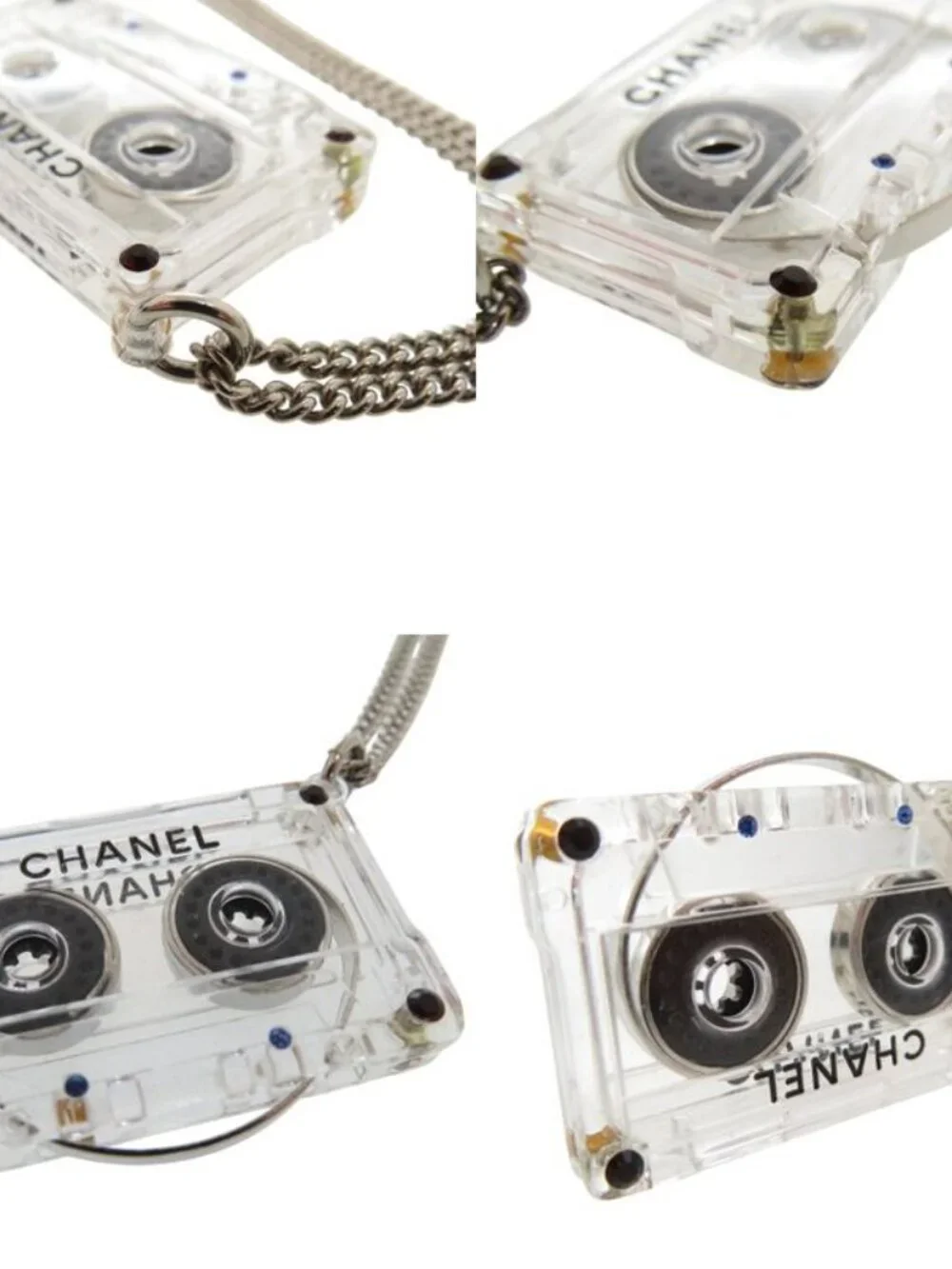 Chanel Cassette Tape Rhinestone Necklace Plastic Clear 1434